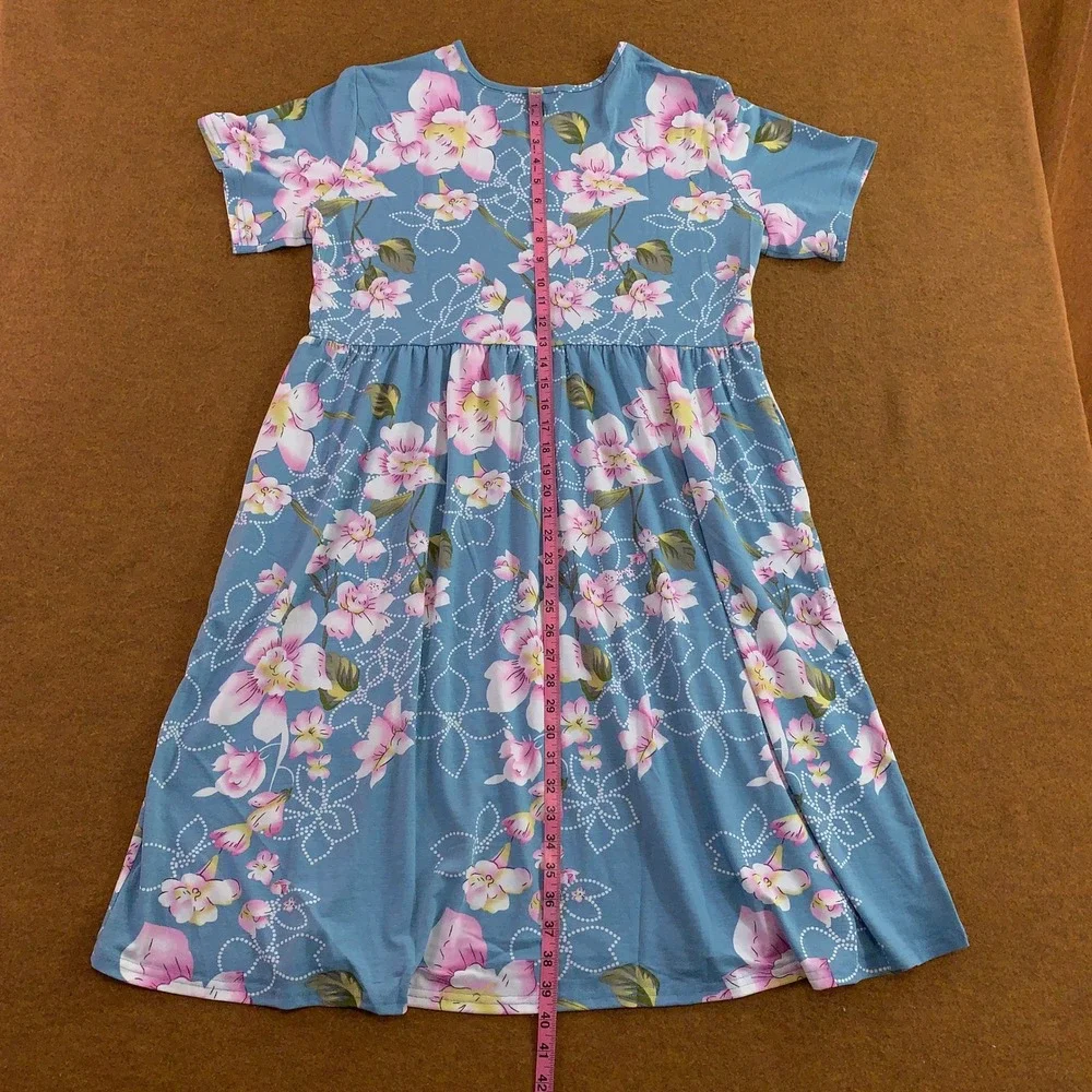 DB MOON Womens 2XL Light Blue Floral Empire Waist Summer Casual Dress NWT